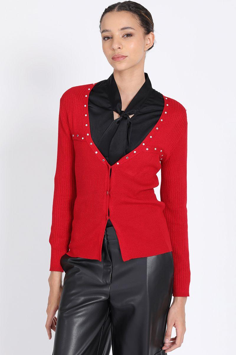 Cardigan Tejido Punto Remaches, Rojo Liola-5