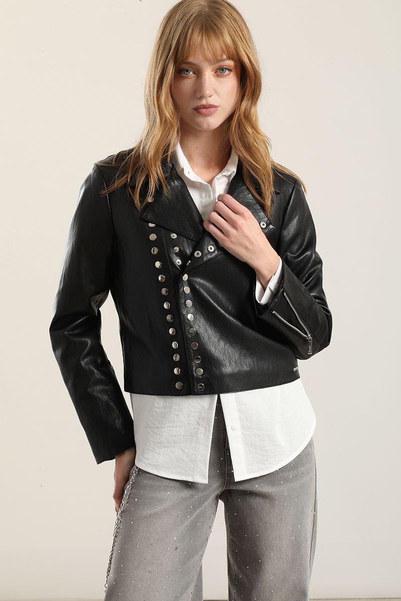 Chaqueta biker efecto cuero, negro Liola-3