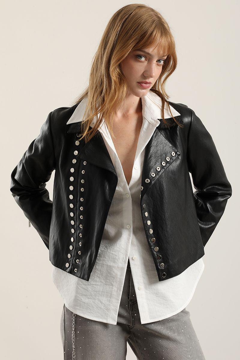 Chaqueta biker efecto cuero, negro Liola-5