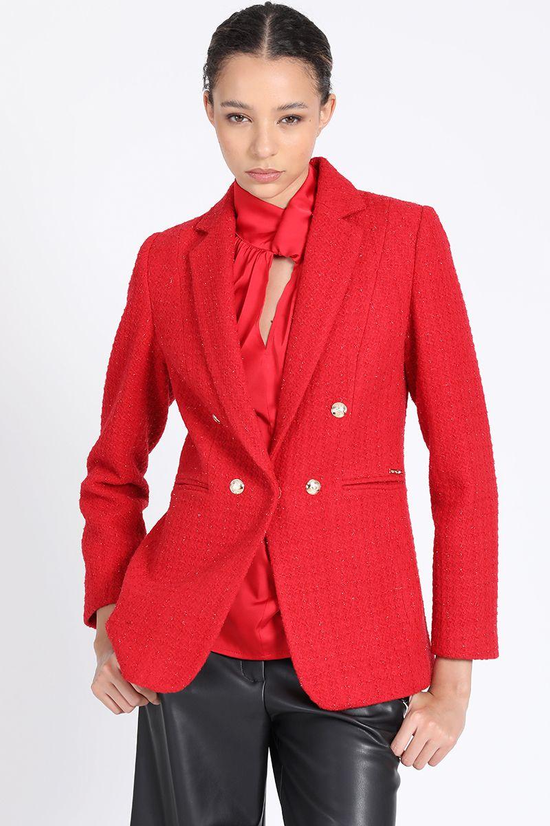 Blazer Largo Entallado, Tweed Con Lurex, Rojo Liola-0