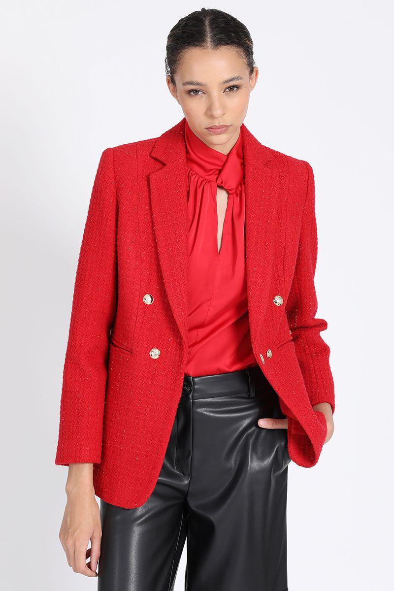 Blazer Largo Entallado, Tweed Con Lurex, Rojo Liola-1