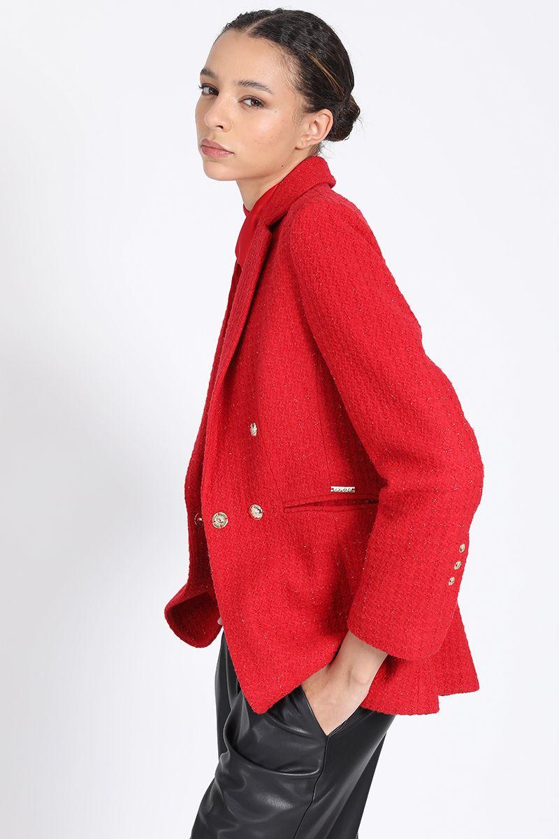 Blazer Largo Entallado, Tweed Con Lurex, Rojo Liola-2