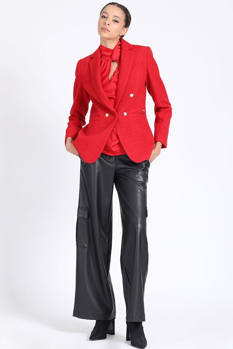 Blazer Largo Entallado, Tweed Con Lurex, Rojo Liola-3