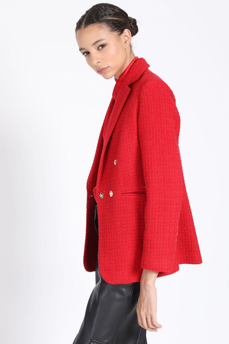 Blazer Largo Entallado, Tweed Con Lurex, Rojo Liola-4