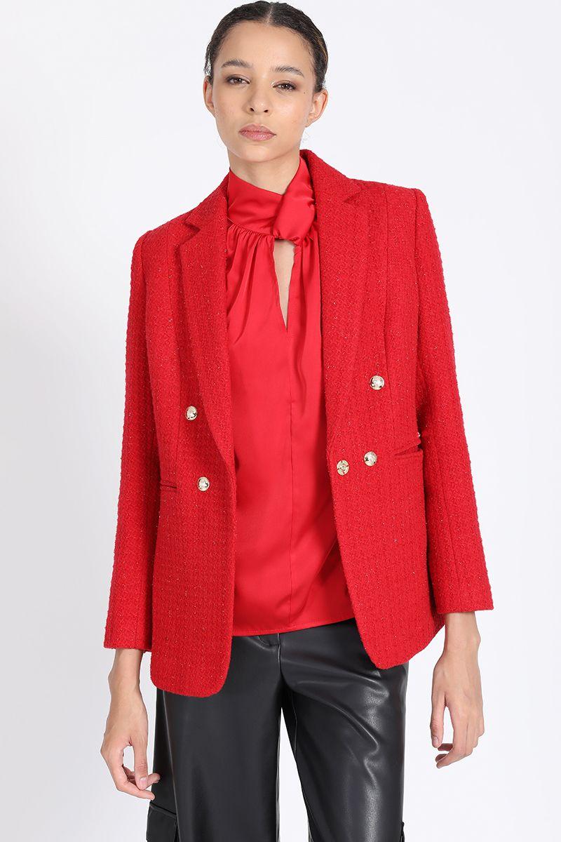 Blazer Largo Entallado, Tweed Con Lurex, Rojo Liola-6