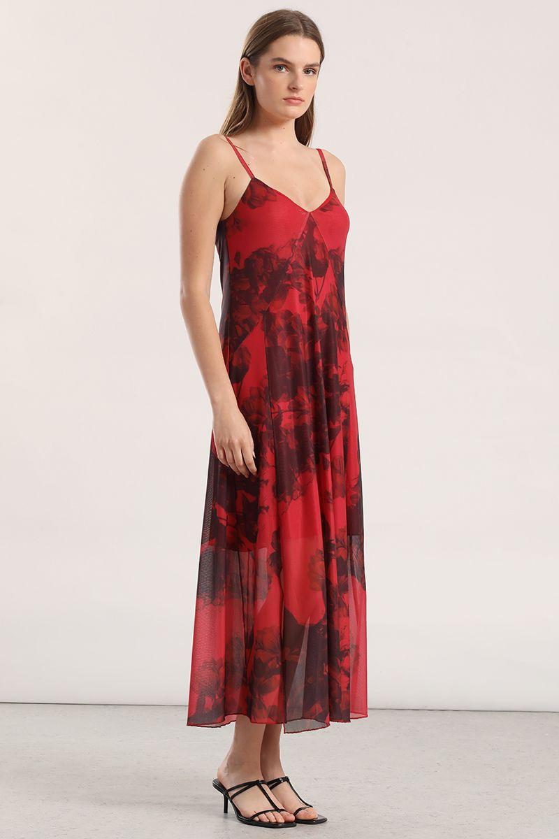 Vestido midi malla estampado mujer Liola rojo-3