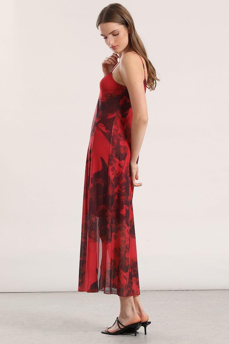 Vestido midi malla estampado mujer Liola rojo-5