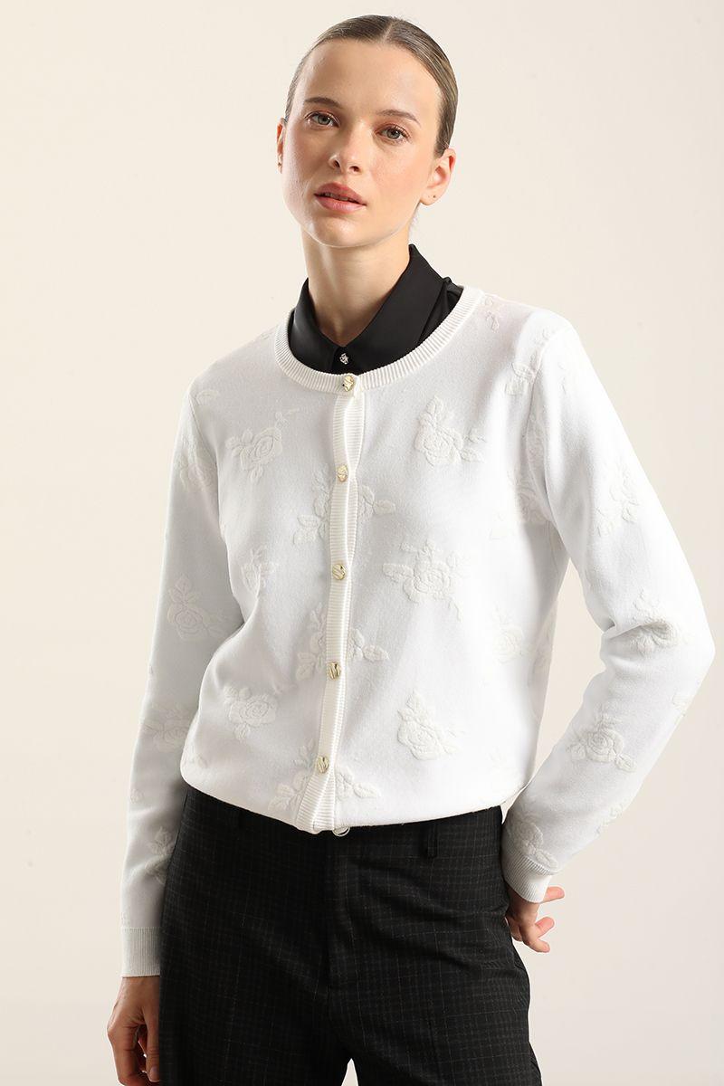 Cardigan punto jacquard flores, crudo Liola-2