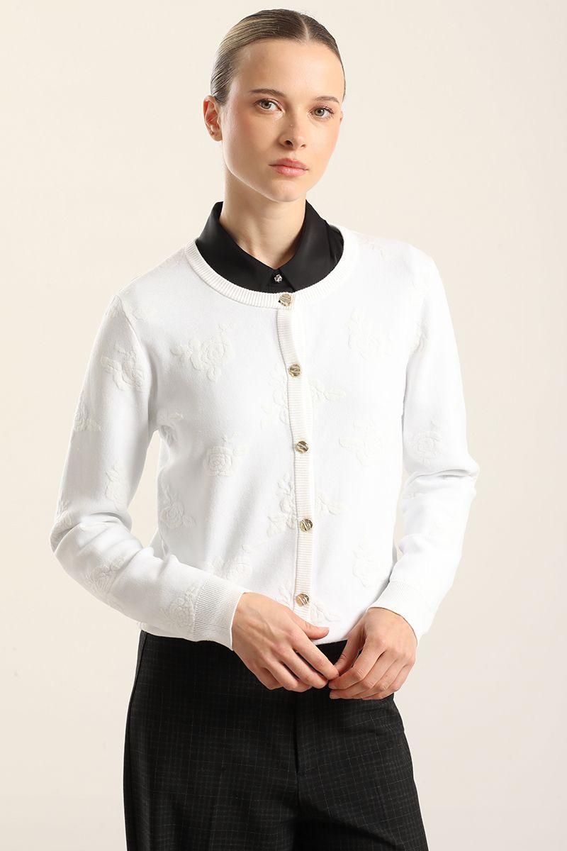Cardigan punto jacquard flores, crudo Liola-4