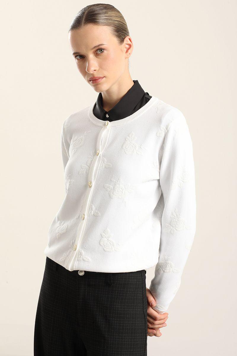 Cardigan punto jacquard flores, crudo Liola-5