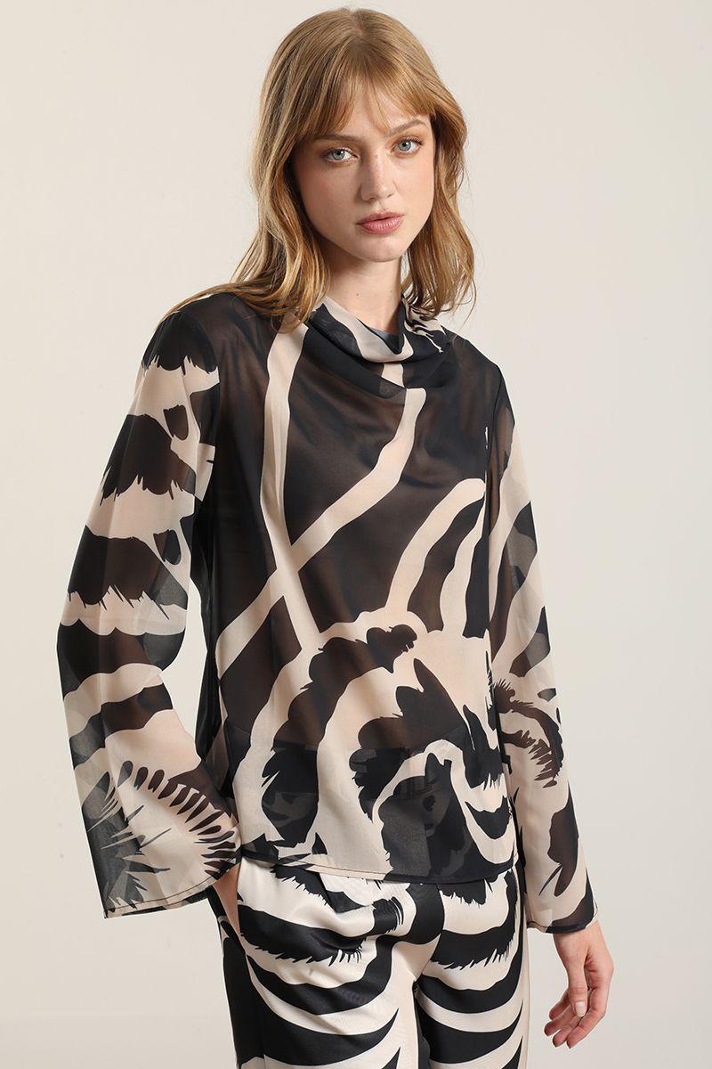 Blusa Estampada Semitransparente, Negro Liola-0