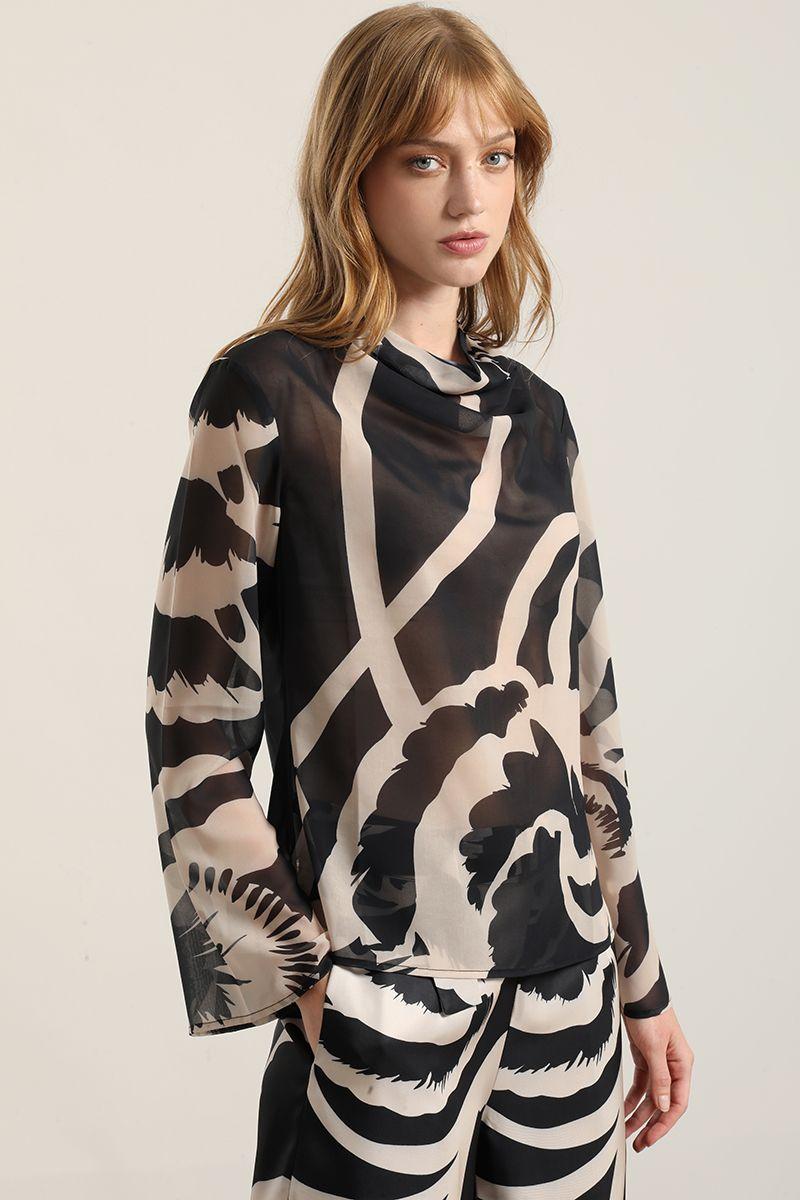 Blusa Estampada Semitransparente, Negro Liola-4