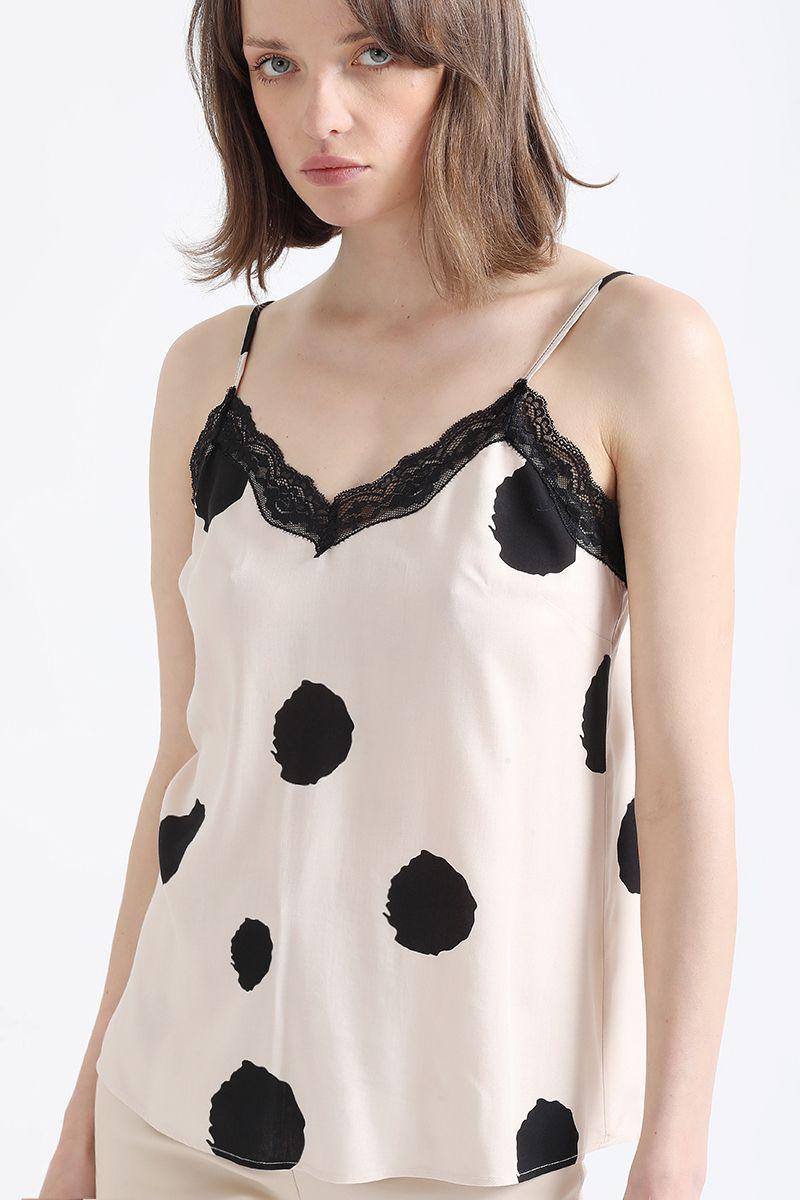 Top Lencero Estampado Manchas Puntos, Beige Liola-3
