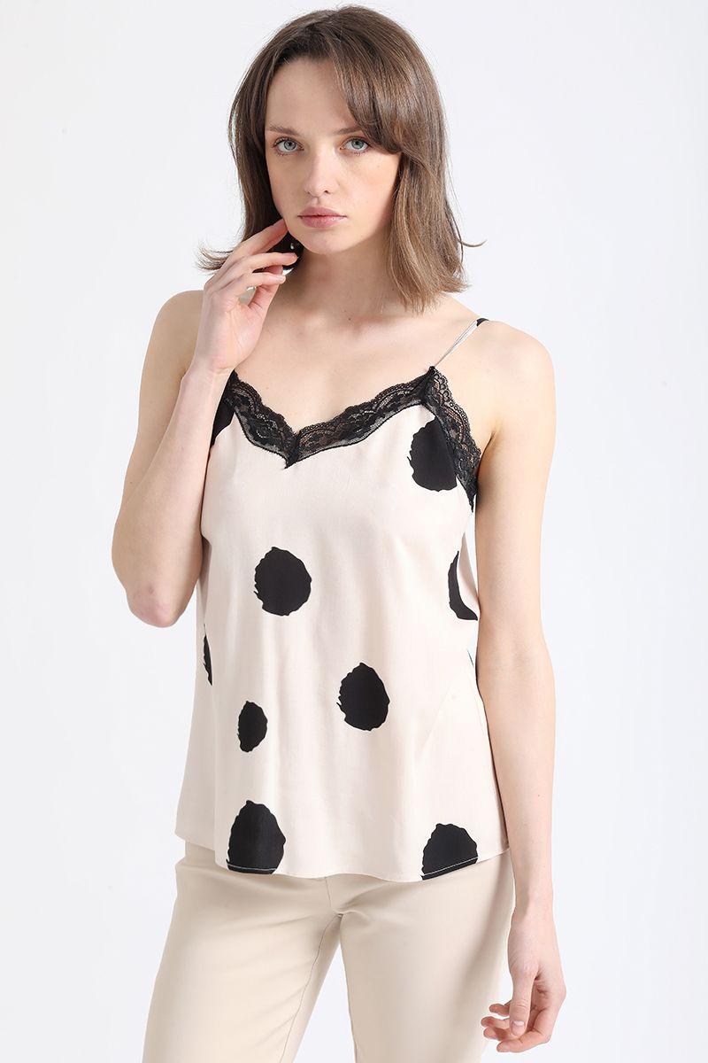 Top Lencero Estampado Manchas Puntos, Beige Liola-5