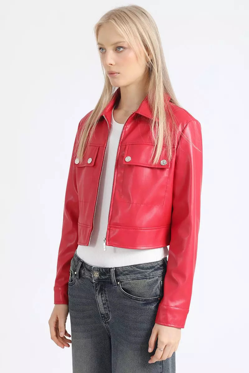 Chaqueta Crop Recta Efecto Cuero, Rojo Liola-3