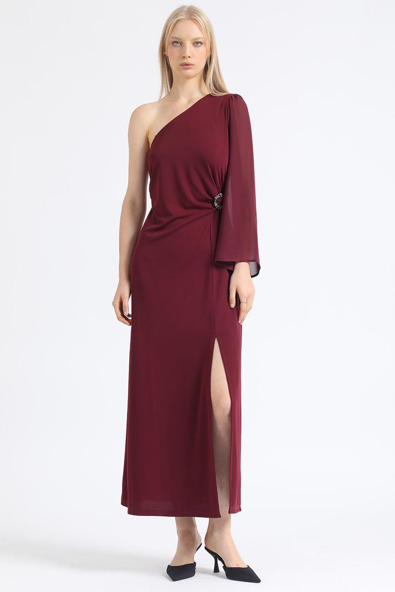 Vestido Maxi, Aplicación Strass, Un Hombro, Vino Liola-0