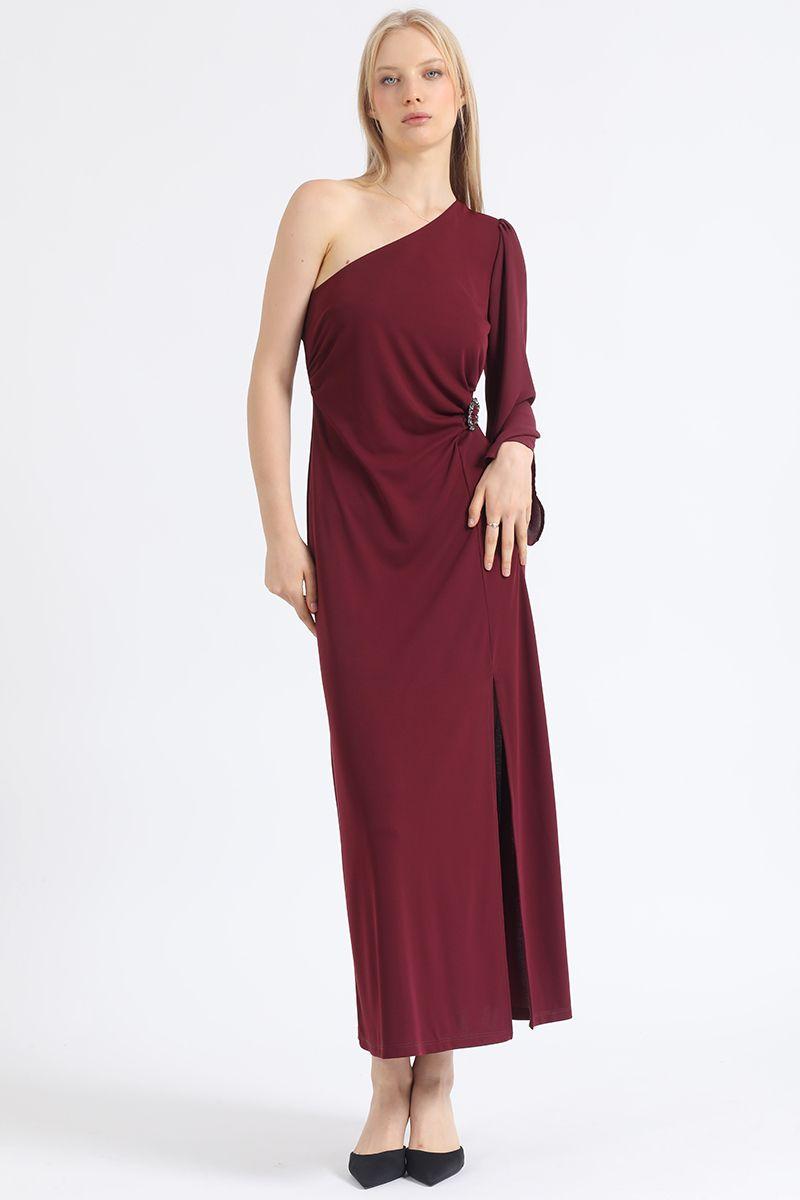 Vestido Maxi, Aplicación Strass, Un Hombro, Vino Liola-1