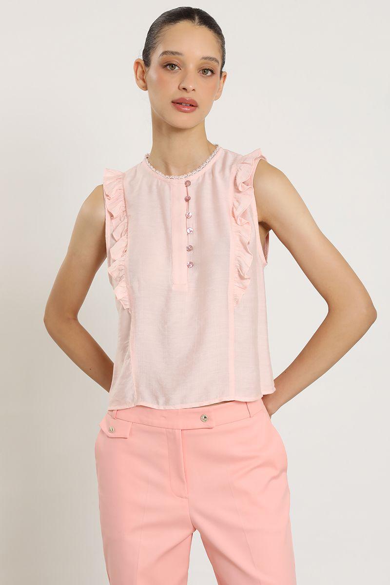 Blusa volantes, aplicacion encaje, rosa Liola-0