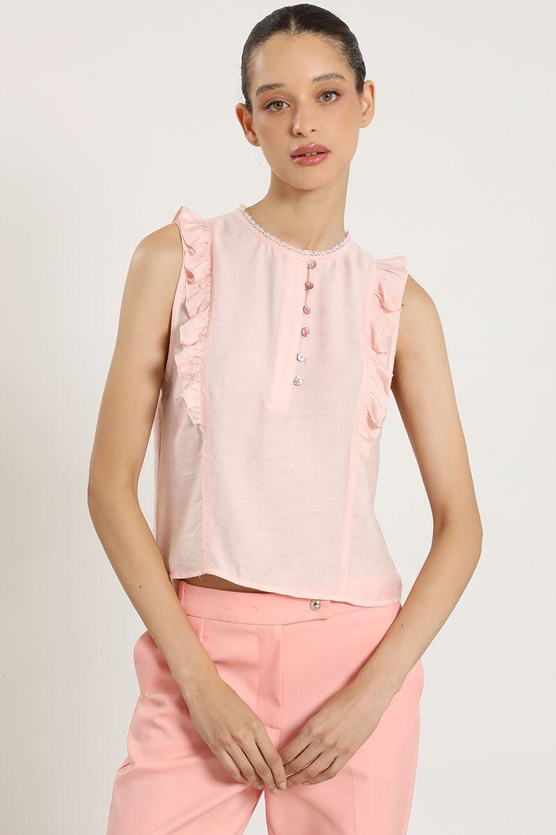 Blusa volantes, aplicacion encaje, rosa Liola-2