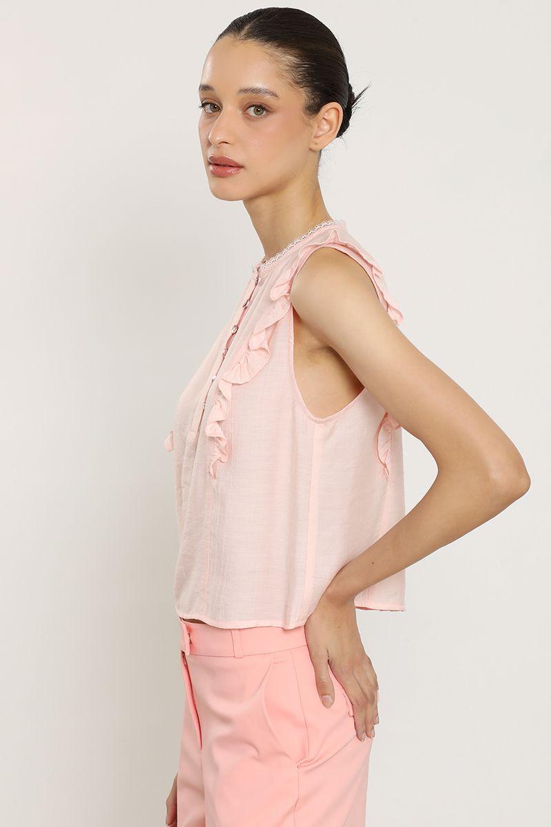 Blusa volantes, aplicacion encaje, rosa Liola-3