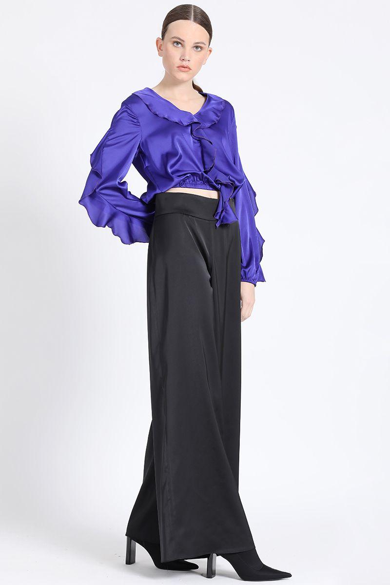 Pantalon Ancho Tiro Alto, Satin Negro Liola-1