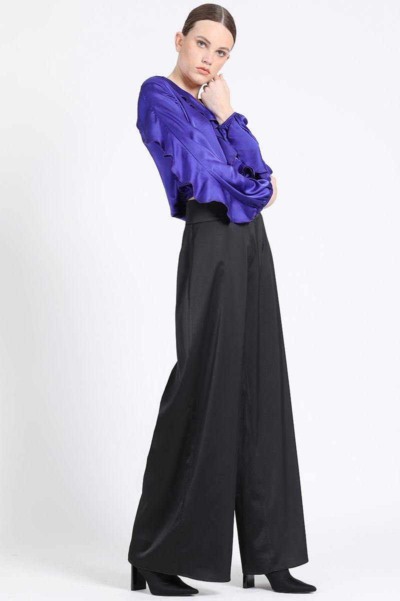 Pantalon Ancho Tiro Alto, Satin Negro Liola-2