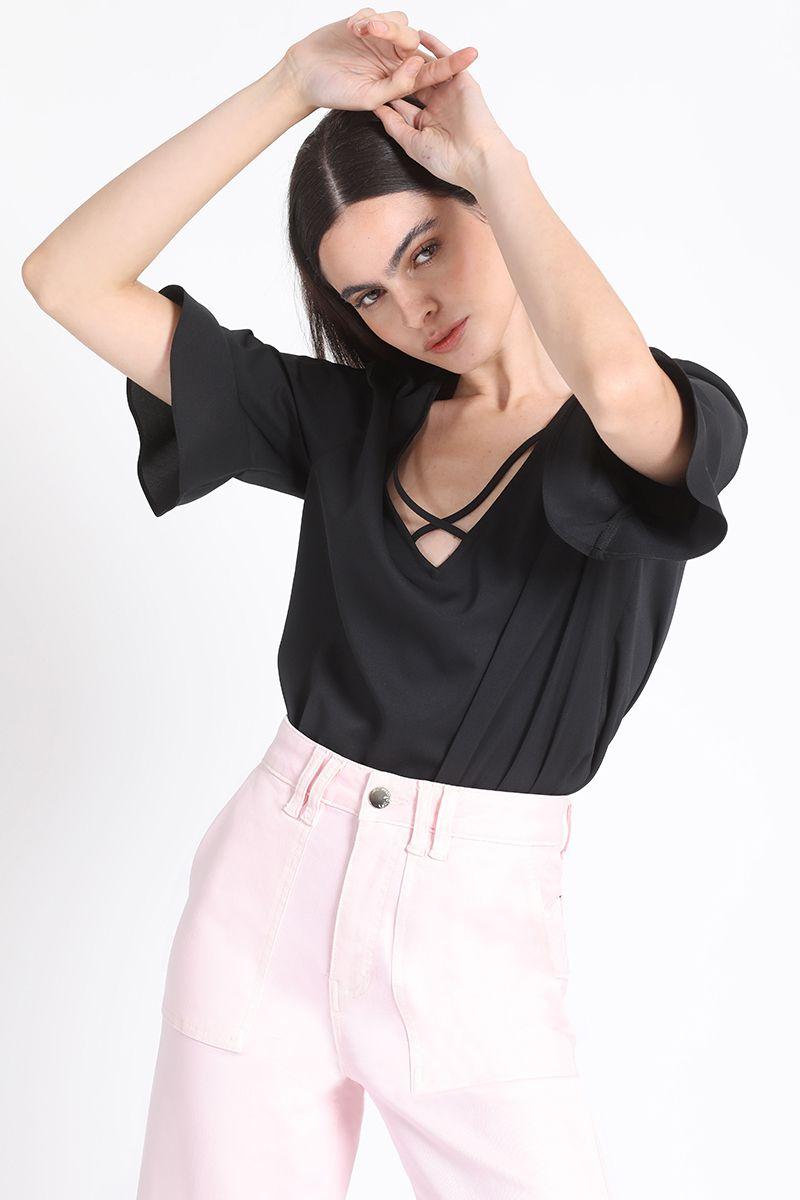 Blusa Escote V Fantasia Negro Liola-0