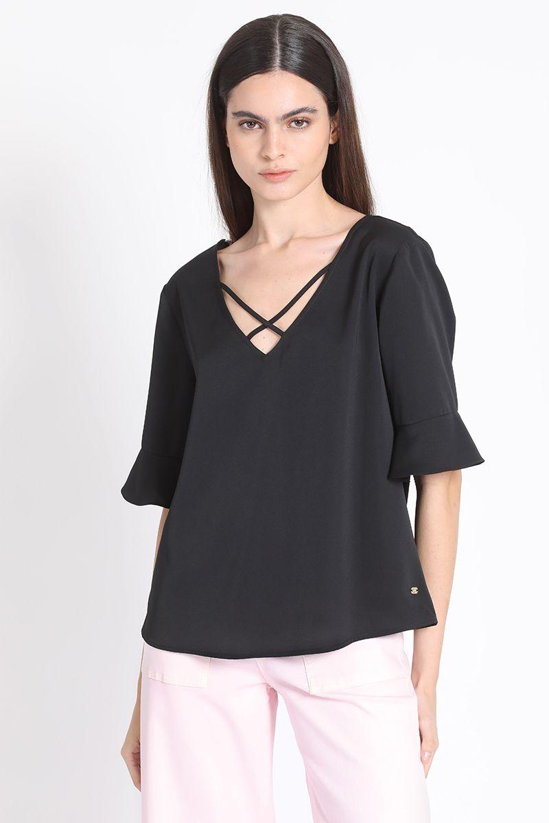 Blusa Escote V Fantasia Negro Liola-1