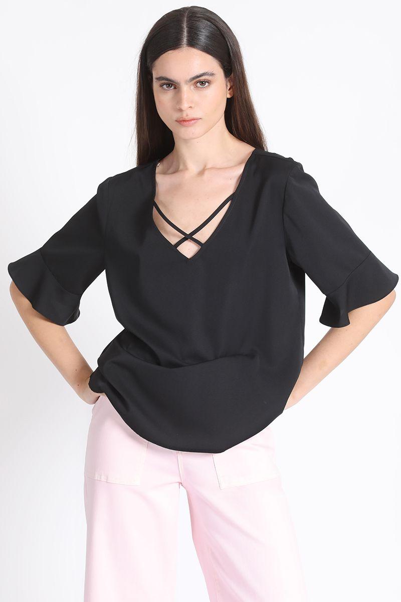 Blusa Escote V Fantasia Negro Liola-5