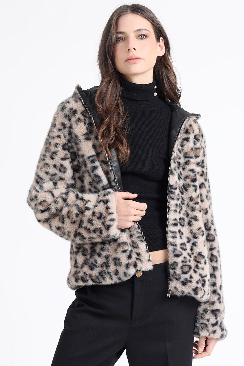 Chaqueta Semi Bomber, Estampado Leopardo, Negro Liola-3
