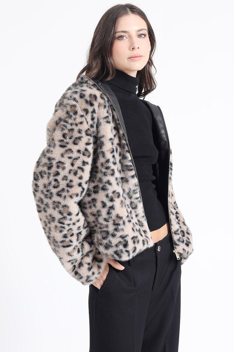 Chaqueta Semi Bomber, Estampado Leopardo, Negro Liola-4