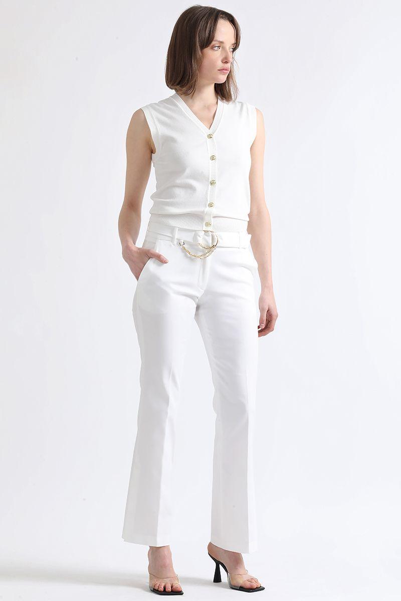 Pantalon Flare, Tiro Medio, Con Cinturon, Crudo Liola-3
