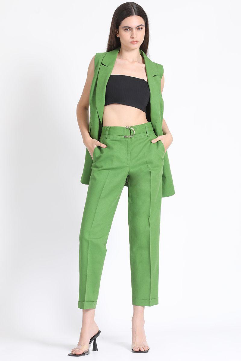 Pantalon Sastre Con Cinturon, Lino Algodón Verde Liola-0