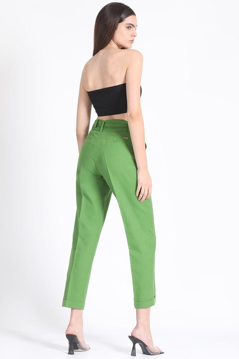 Pantalon Sastre Con Cinturon, Lino Algodón Verde Liola-3