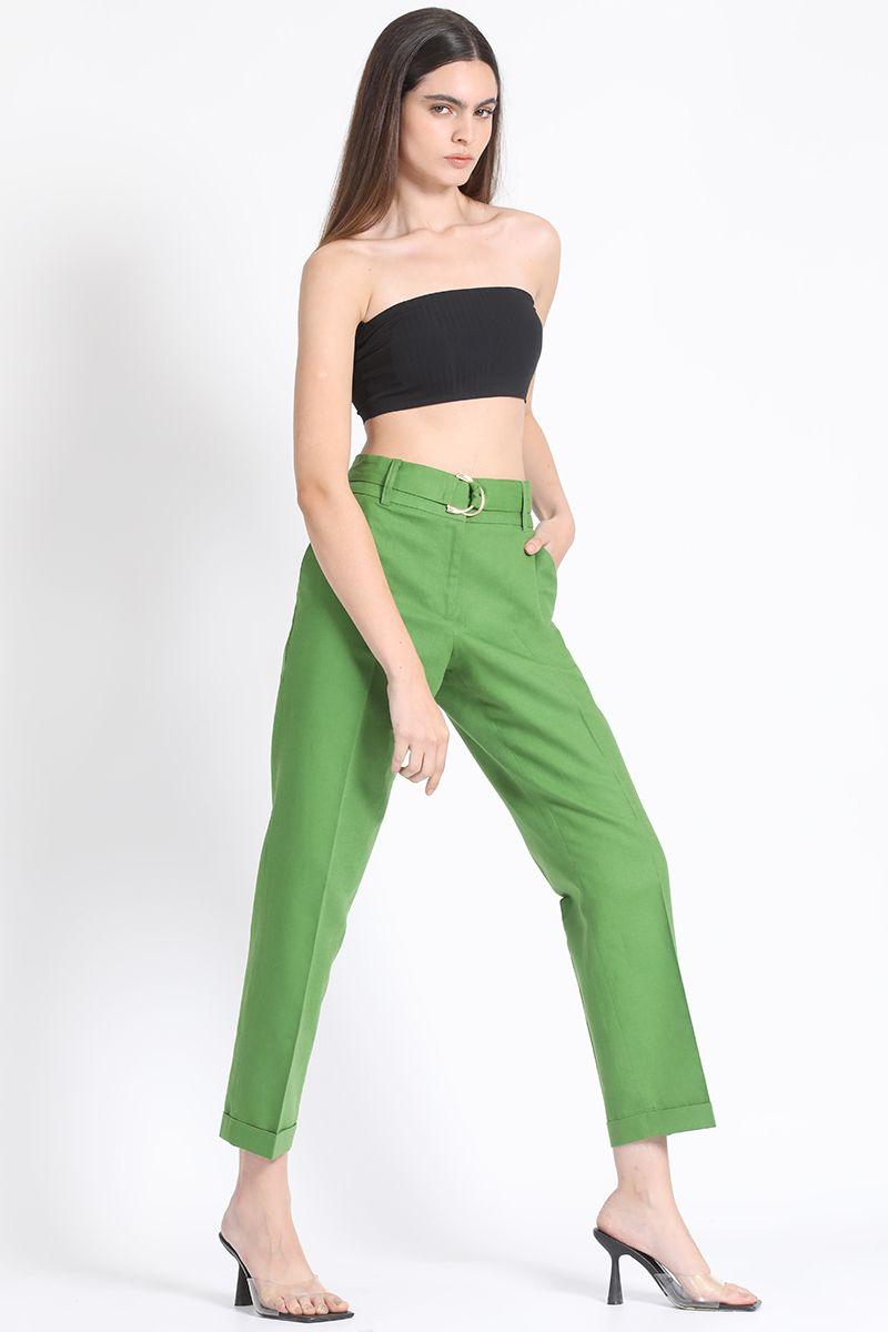 Pantalon Sastre Con Cinturon, Lino Algodón Verde Liola-4