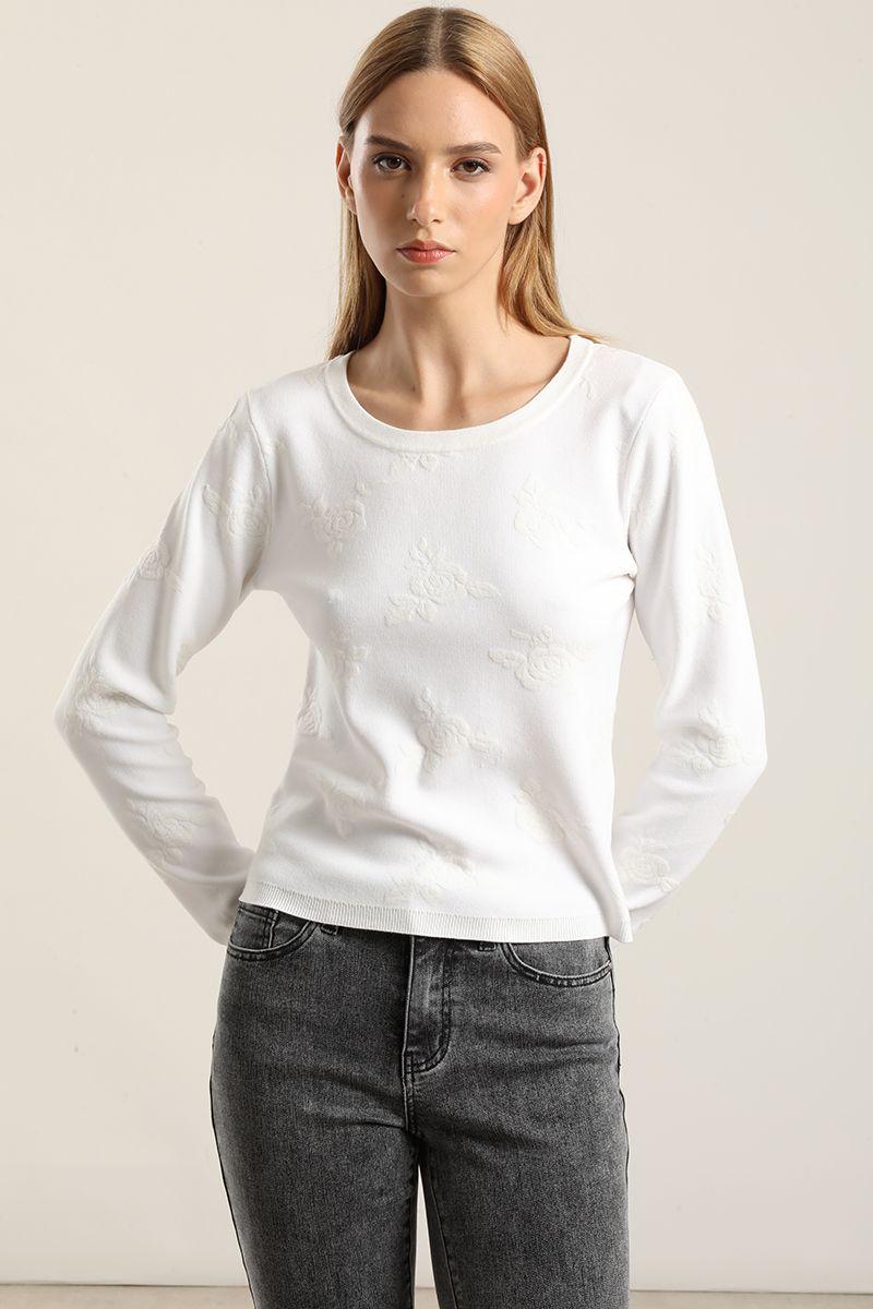 Jersey punto jacquard flores, crudo Liola-4