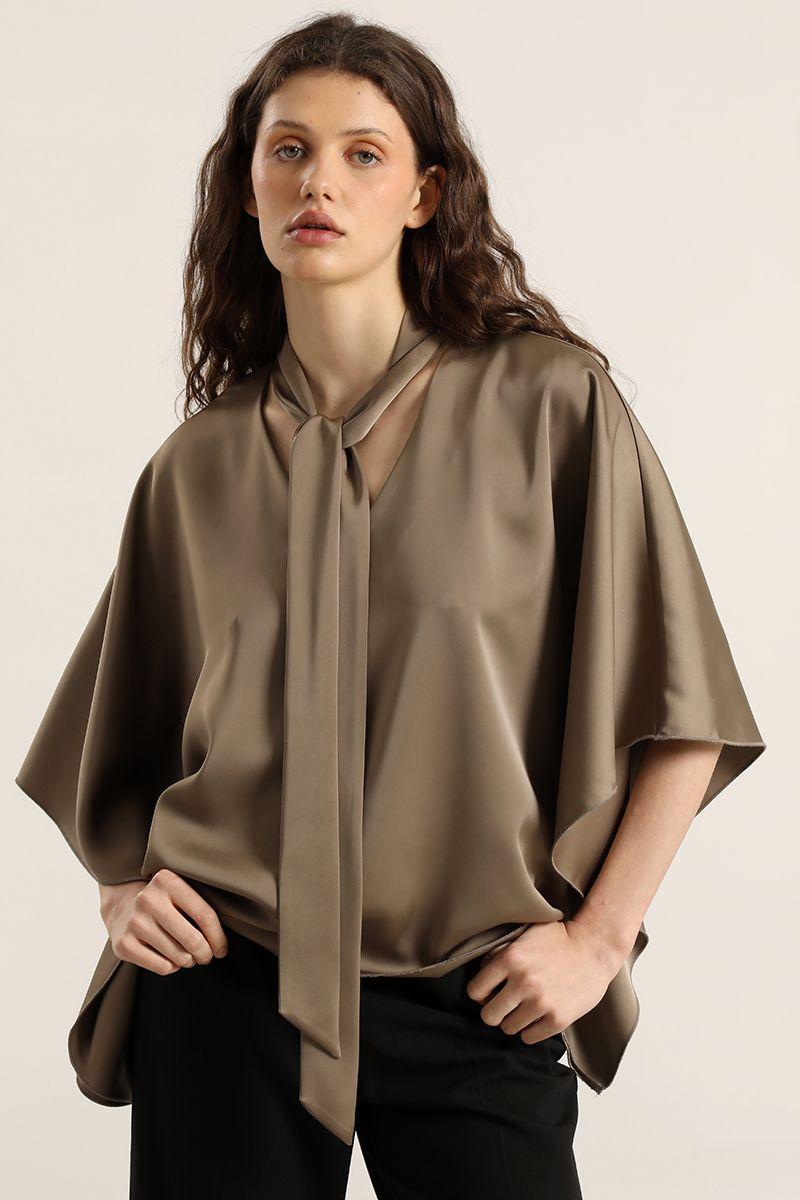 Blusa tunica, satin lazada, topo Liola-5