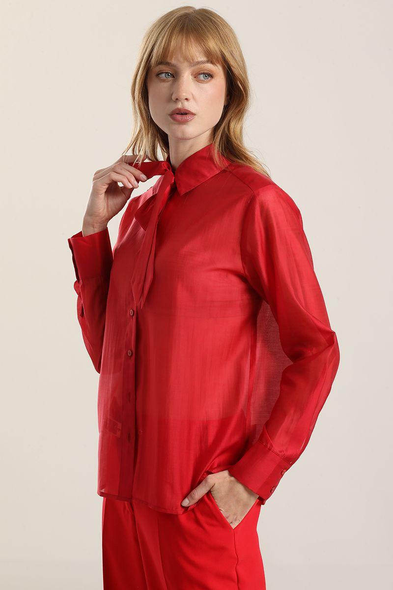 Blusa Semitrasparente Con Lazo, Rojo Liola-2
