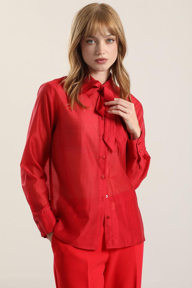 Blusa Semitrasparente Con Lazo, Rojo Liola-3