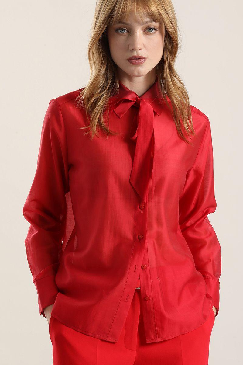 Blusa Semitrasparente Con Lazo, Rojo Liola-5