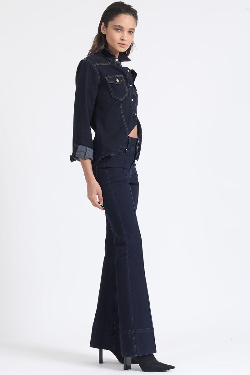 Jeans Flare Tiro Medio, Doble Pretina, Indigo Liola-2