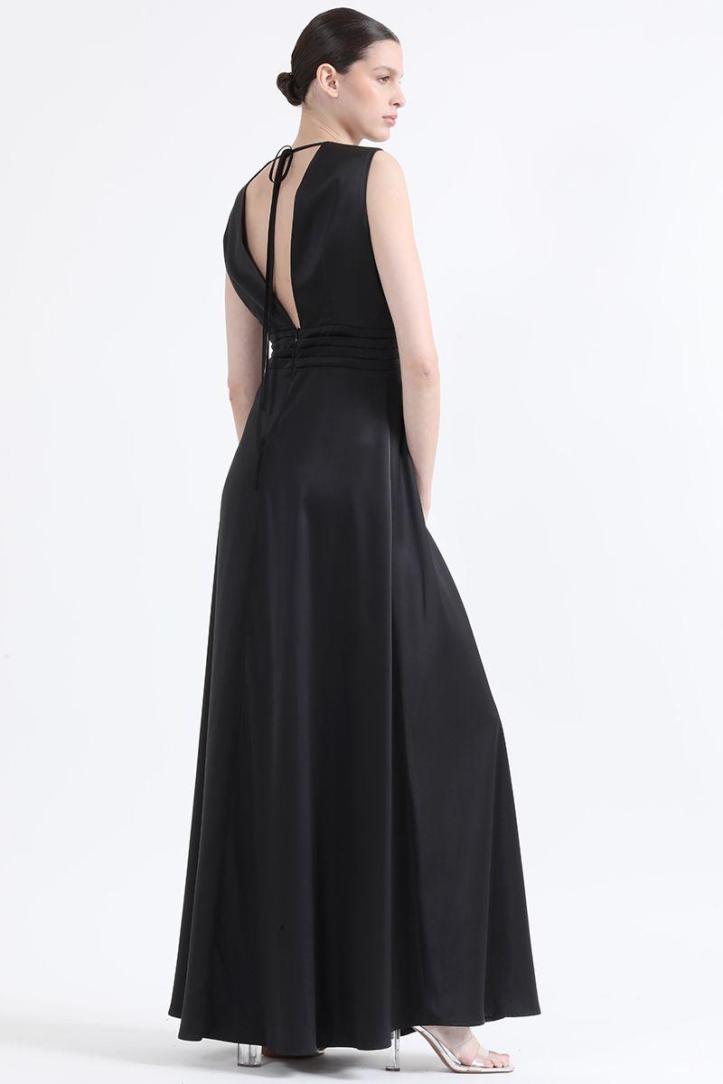 Vestido Maxi Alforzas, Satin, Negro Liola-3