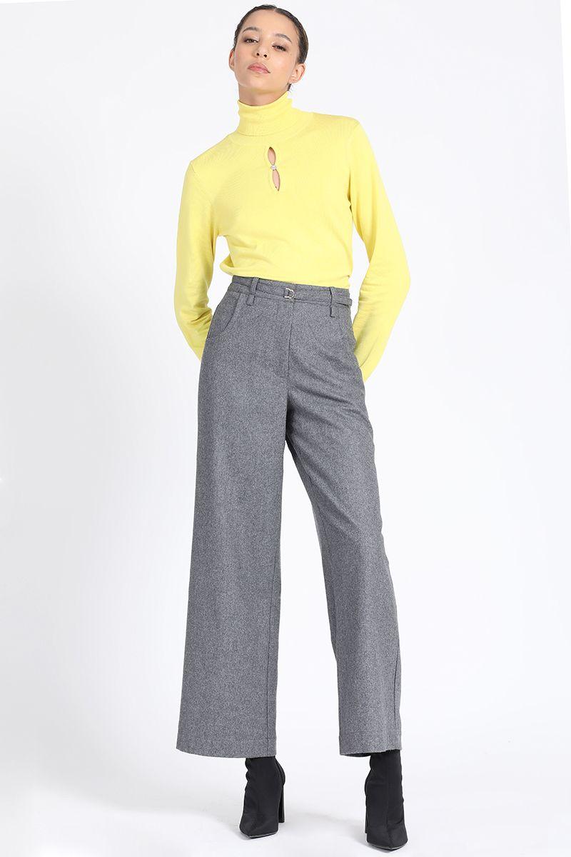 Pantalon Ancho, Tiro Medio Con Cinturon, Gris Liola-0