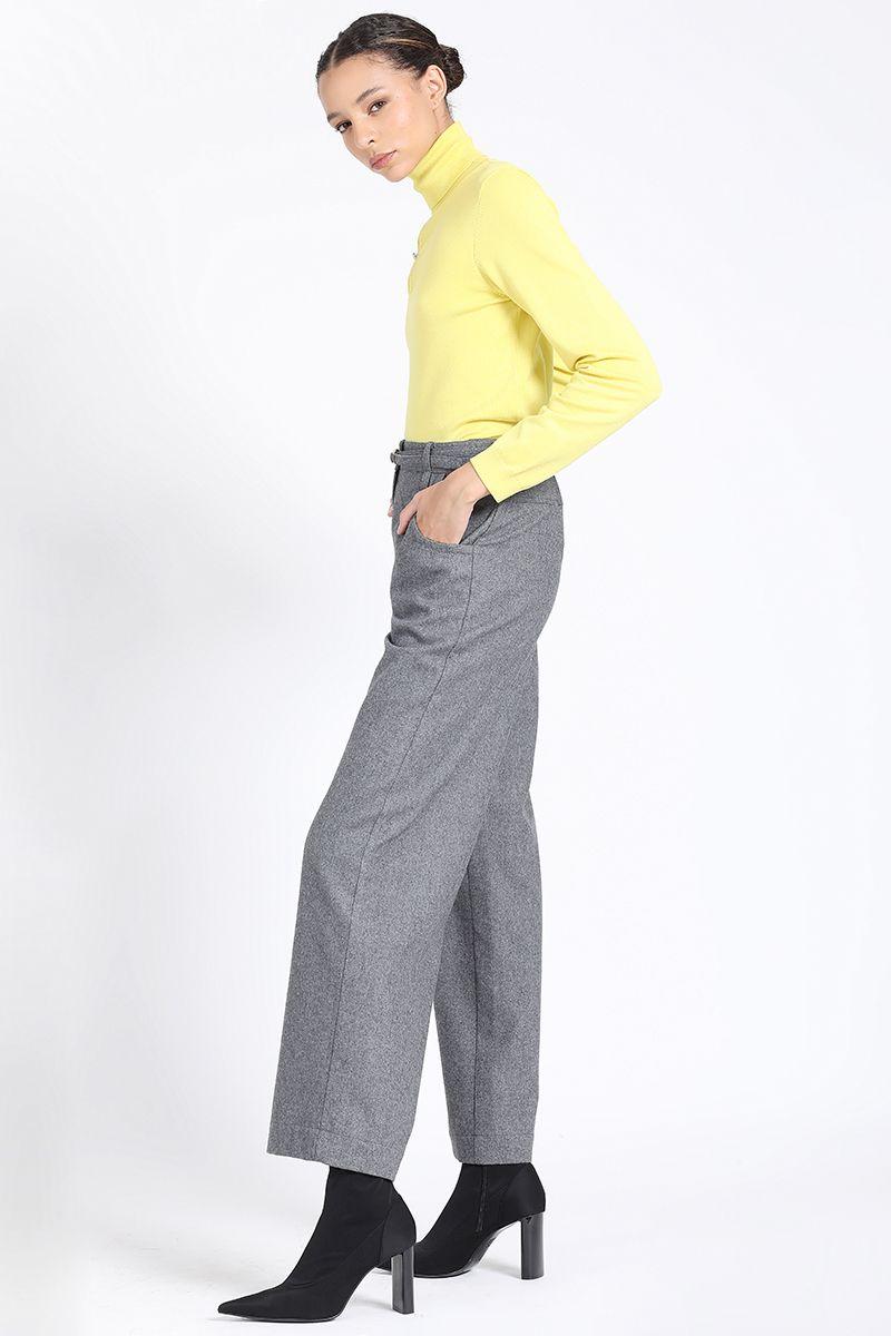 Pantalon Ancho, Tiro Medio Con Cinturon, Gris Liola-5