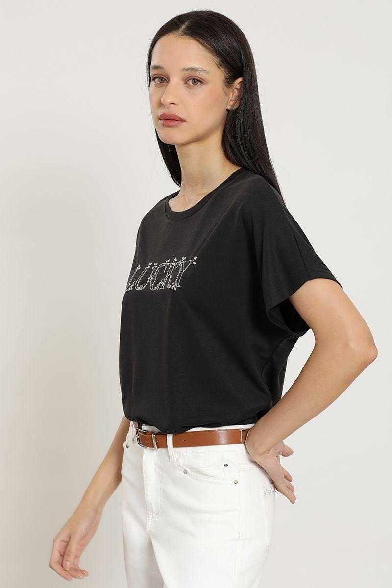 Polera bordado, aplicacion metalica, negro Liola-0