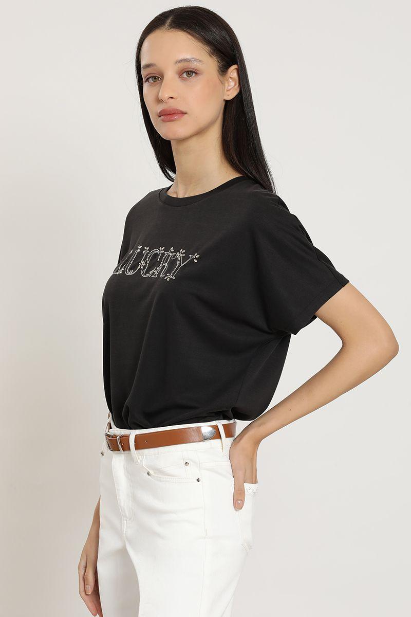 Polera bordado, aplicacion metalica, negro Liola-4