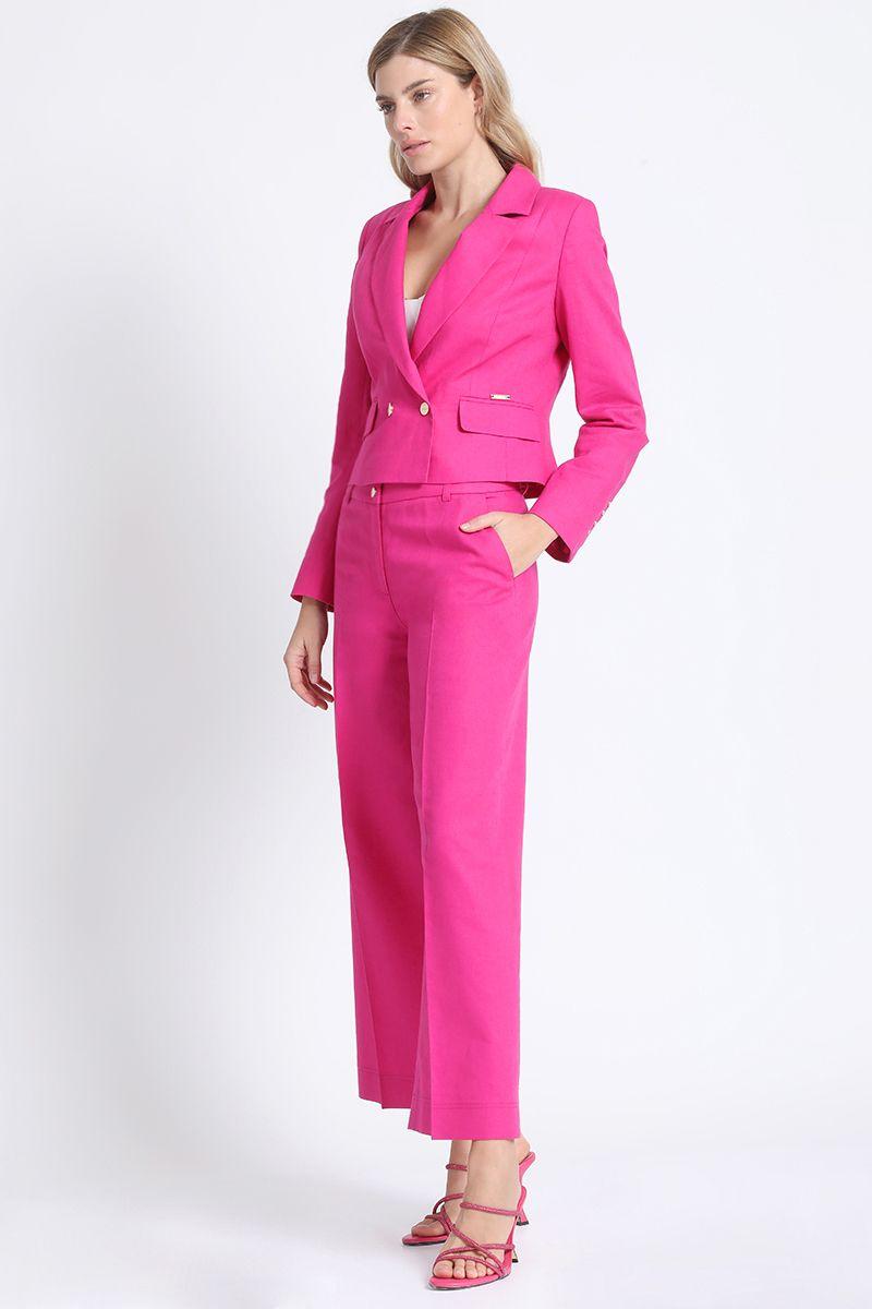 Blazer Crop Cruzado Lino Algodon Fucsia Liola-3