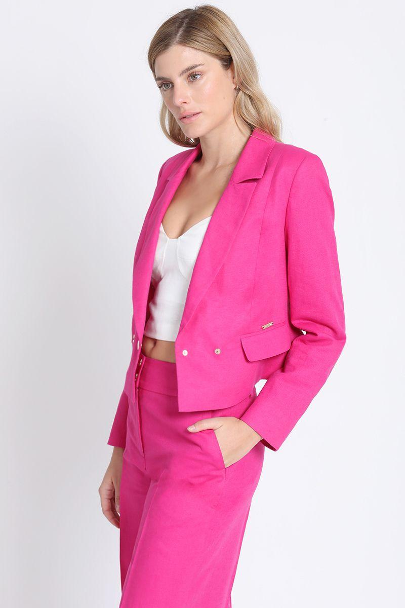 Blazer Crop Cruzado Lino Algodon Fucsia Liola-4
