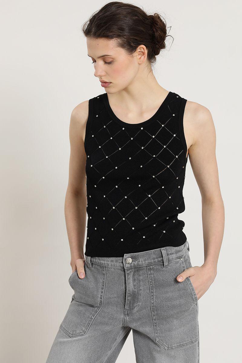 Jersey punto, aplicacion strass, negro Liola-4