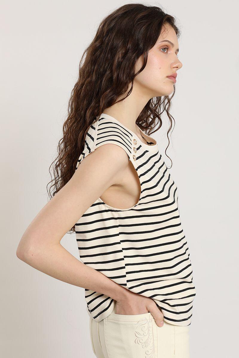 Polera rayas, botones metalicos, beige Liola-2